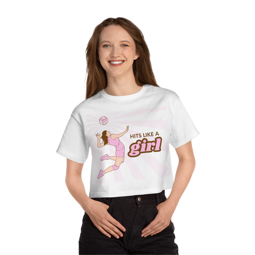 Hits Like a Girl Brown Hair Champion Cropped T-Shirt