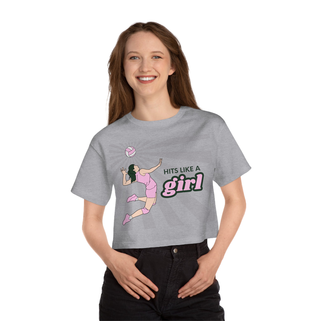 Hits Like a Girl Black Hair Champion Cropped T-Shirt