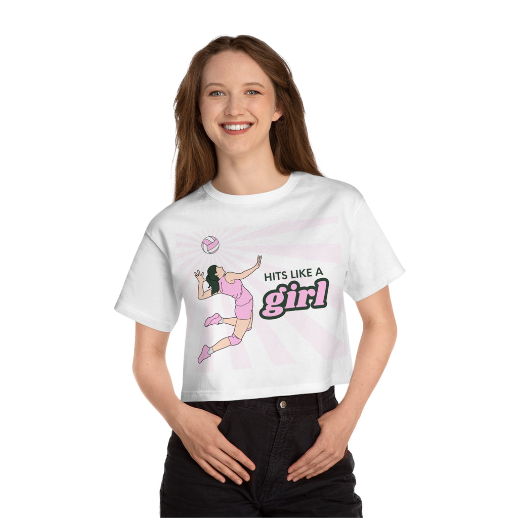 Hits Like a Girl Black Hair Champion Cropped T-Shirt
