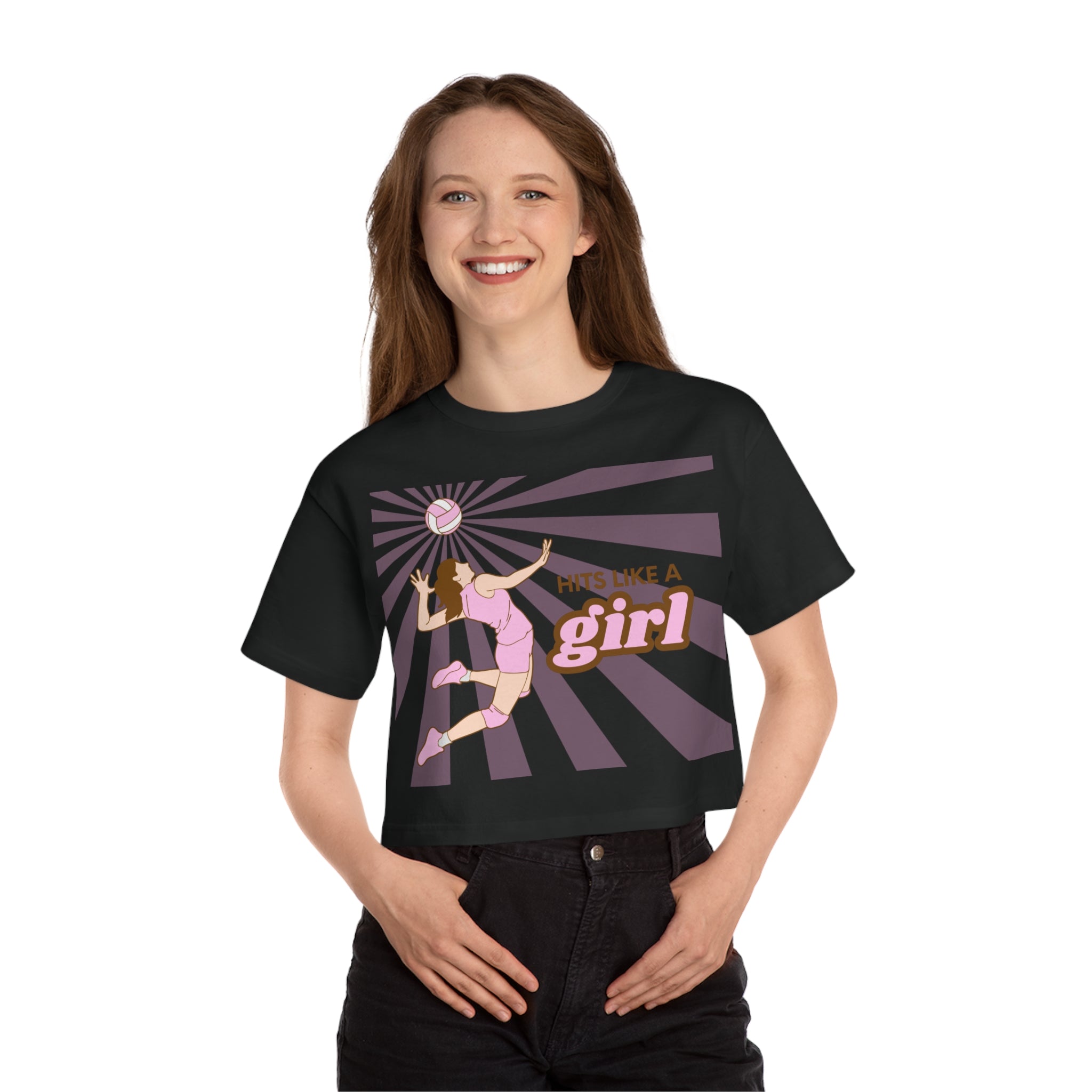 Hits Like a Girl Brown Hair Champion Women's Heritage Cropped T-Shirt (3 Colors)